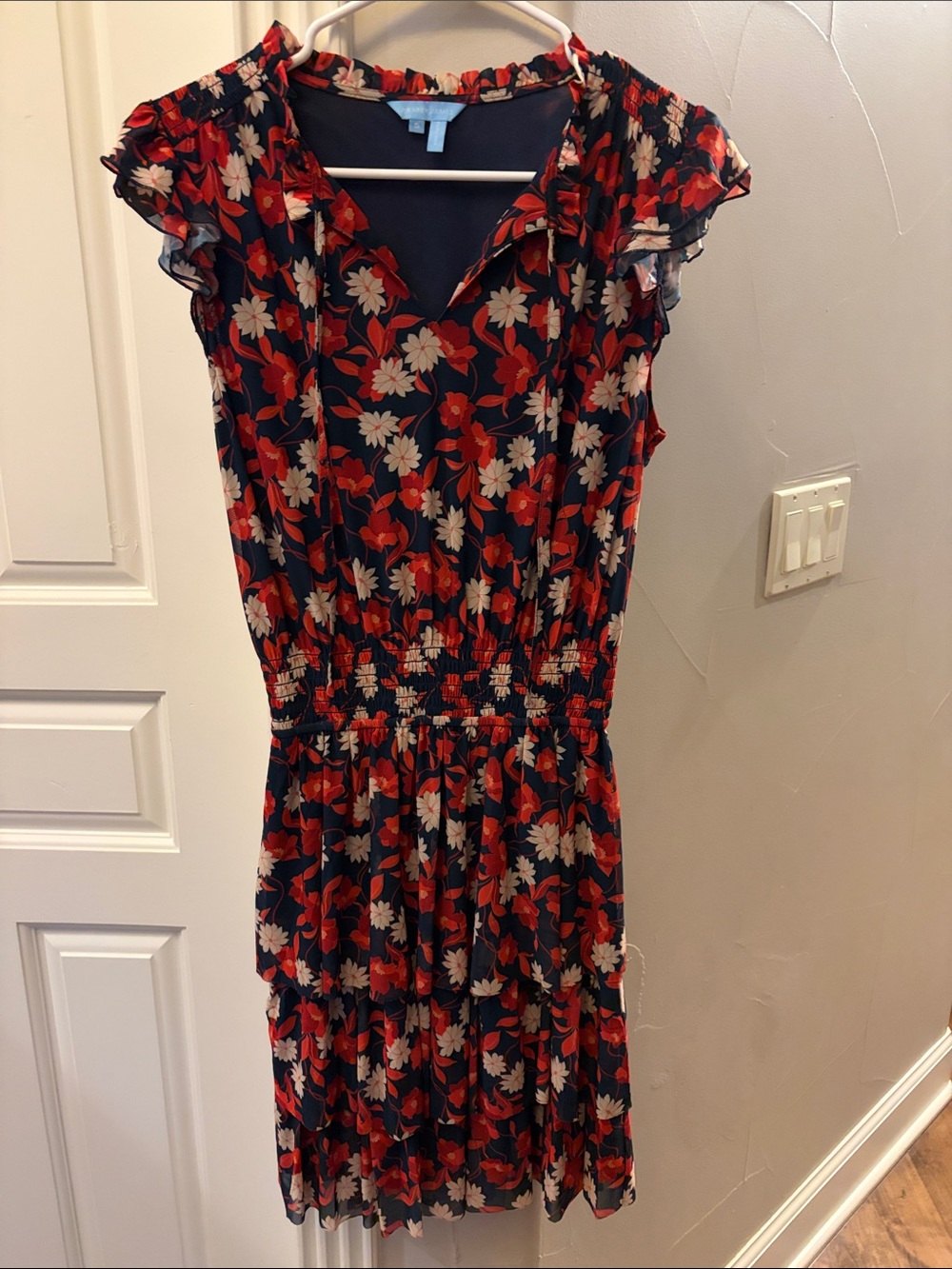Draper James Navy Midi Dress with Red & Cream Floral Print